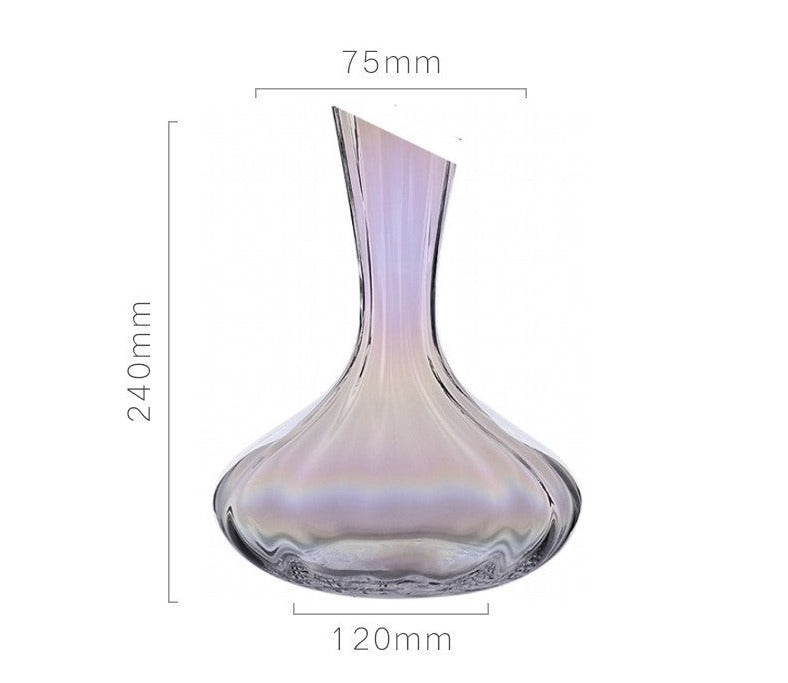 A collection of iridescent glassware from Domus Forge, featuring wine glasses, champagne coupes, decanters, and highball glasses in pastel gradient hues.