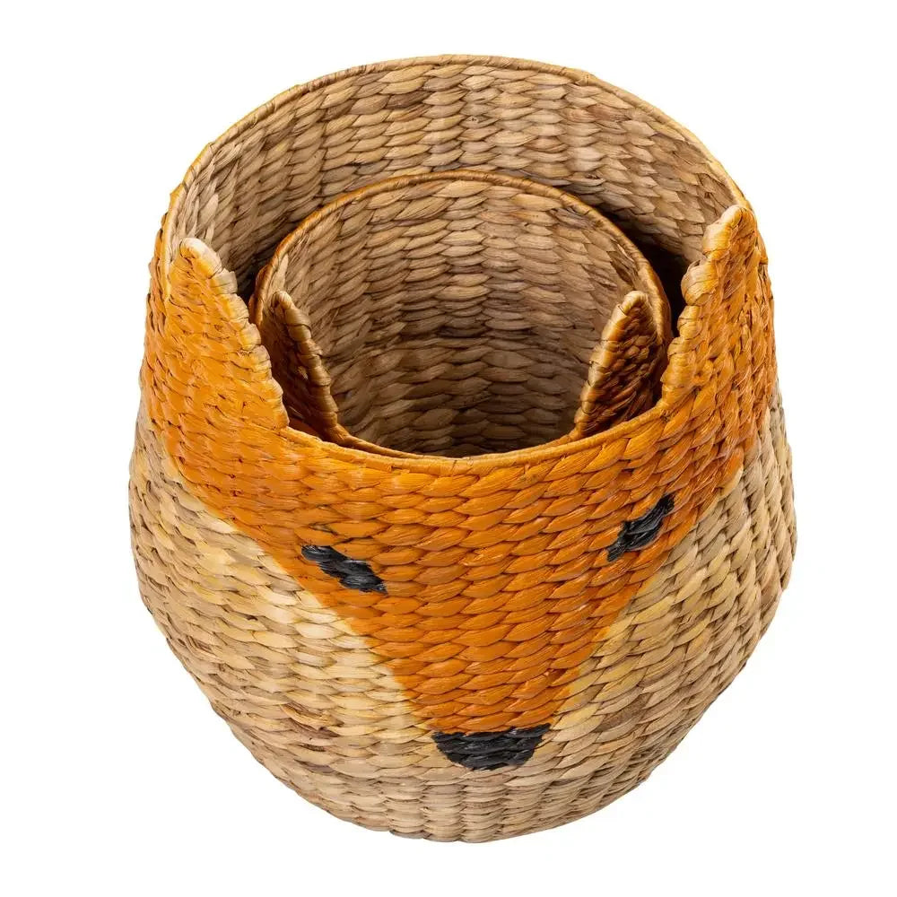 Joe Fox Storage Basket Set – set of two wicker baskets in a charming fox shape with orange accents, perfect for organizing toys, blankets, and household essentials.
