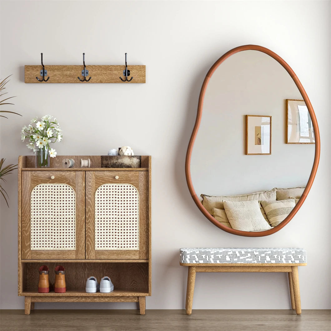 Brooke Mirror – organic-shaped mirror with a natural wood frame, available in small or large sizes, perfect for bathrooms, entryways, or as a stylish accent piece.