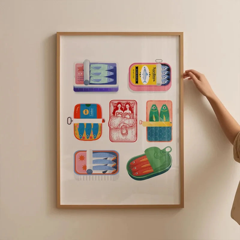 Prani Sardine Poster – vibrant printed wall art inspired by canned sardines, featuring bold colors on cotton canvas, available in various sizes for a playful décor accent.