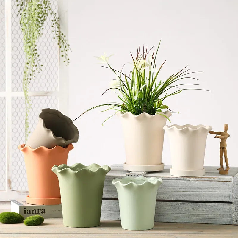 A ceramic planter with a wavy edge design, shown in a soft neutral color. The planter is available with or without a matching tray and comes in both small and large sizes, making it perfect for showcasing indoor greenery like succulents or ferns.
