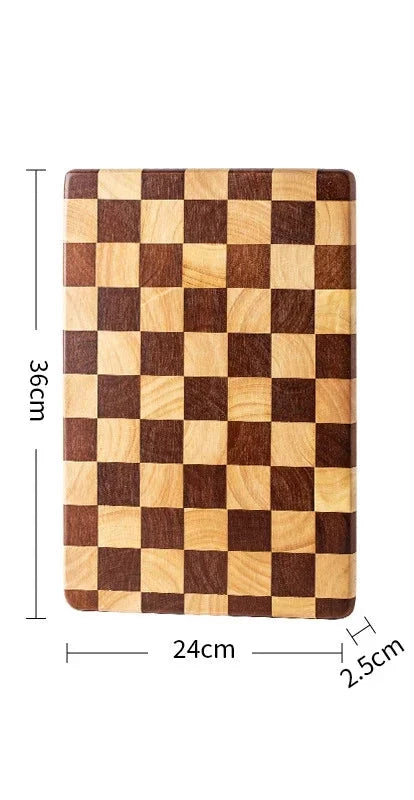 Rectangular wooden cutting board with a checkerboard pattern, available in three sizes. Features rounded corners and non-slip rubber feet, used for both meal prep and serving as a cheese board or decorative kitchen display.