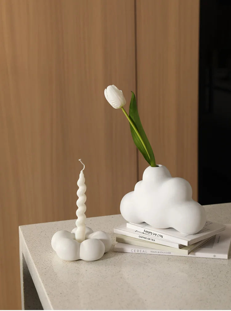 Modern ceramic Uchi candle holder in flower shape, available in various colorways, perfect for small or large candles.