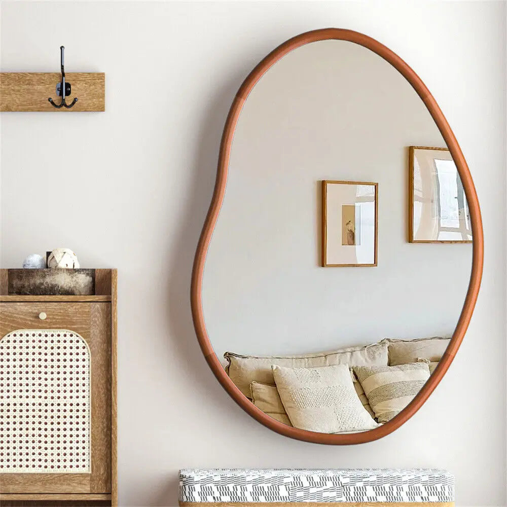 Brooke Mirror – organic-shaped mirror with a natural wood frame, available in small or large sizes, perfect for bathrooms, entryways, or as a stylish accent piece.