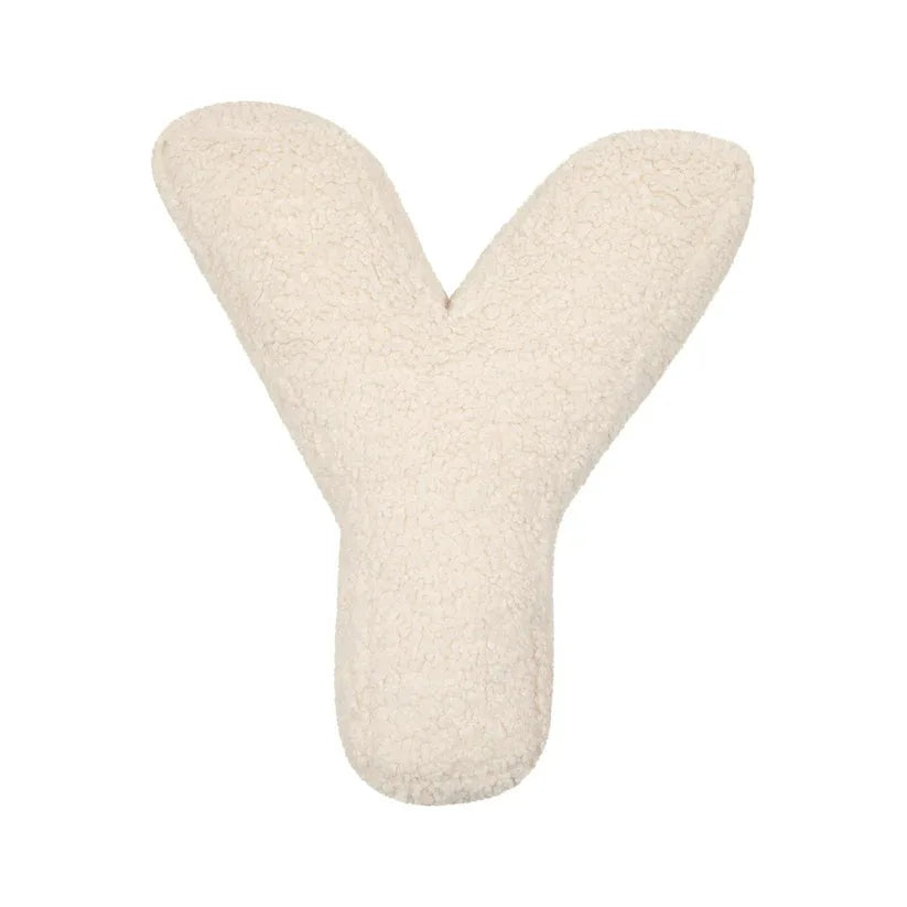 Yeats Throw Pillow – soft lambswool alphabet-shaped pillow in neutral beige, perfect for nurseries, playrooms, and kids' rooms as a cozy and educational accent.