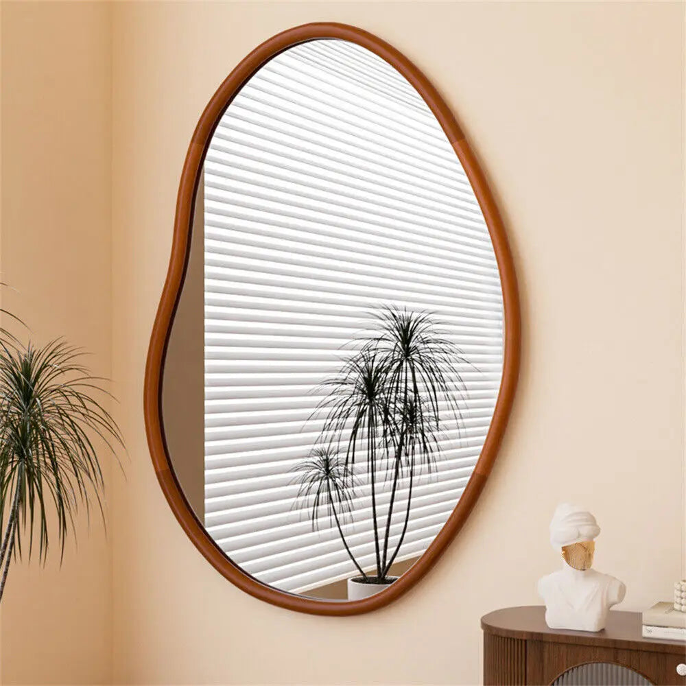Brooke Mirror – organic-shaped mirror with a natural wood frame, available in small or large sizes, perfect for bathrooms, entryways, or as a stylish accent piece.