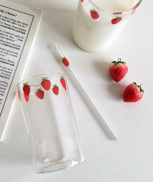 Cute strawberry glassware with matching straw, perfect for cocktails, juice, or milk, holds 10 fluid ounces.