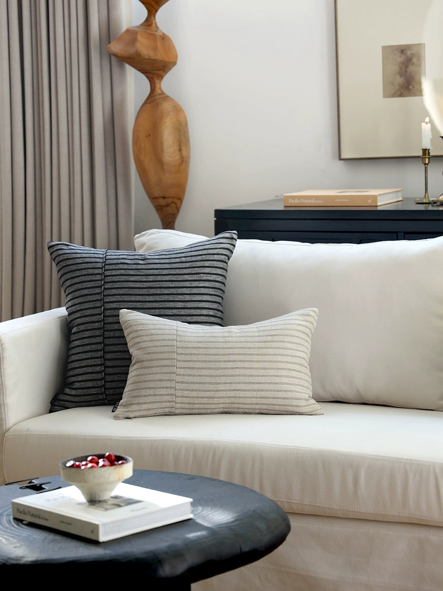 Premium cotton/linen blend throw pillows in stylish striped designs for mix & match décor, Domus Forge.