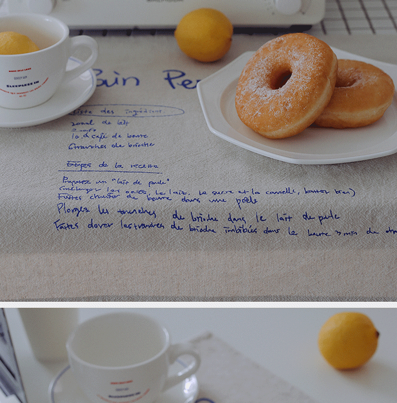 Pain Perdu Placemats - 40x50 cm cotton placemats with charming French text detailing a cute Pain Perdu recipe. Available in two colorways for delightful dining experiences.