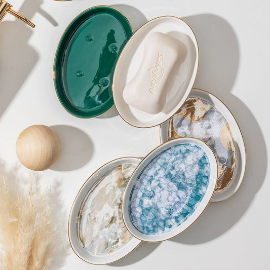 Chic ceramic soap dish in many colorways, doubles as mini tray. Elevate your bathroom décor.