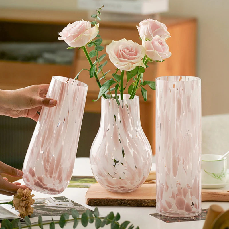 Blake Vase – glass vase with a pink leopard pattern in soft blush tones, available in small, medium, and large sizes, perfect for displaying flowers or greenery.