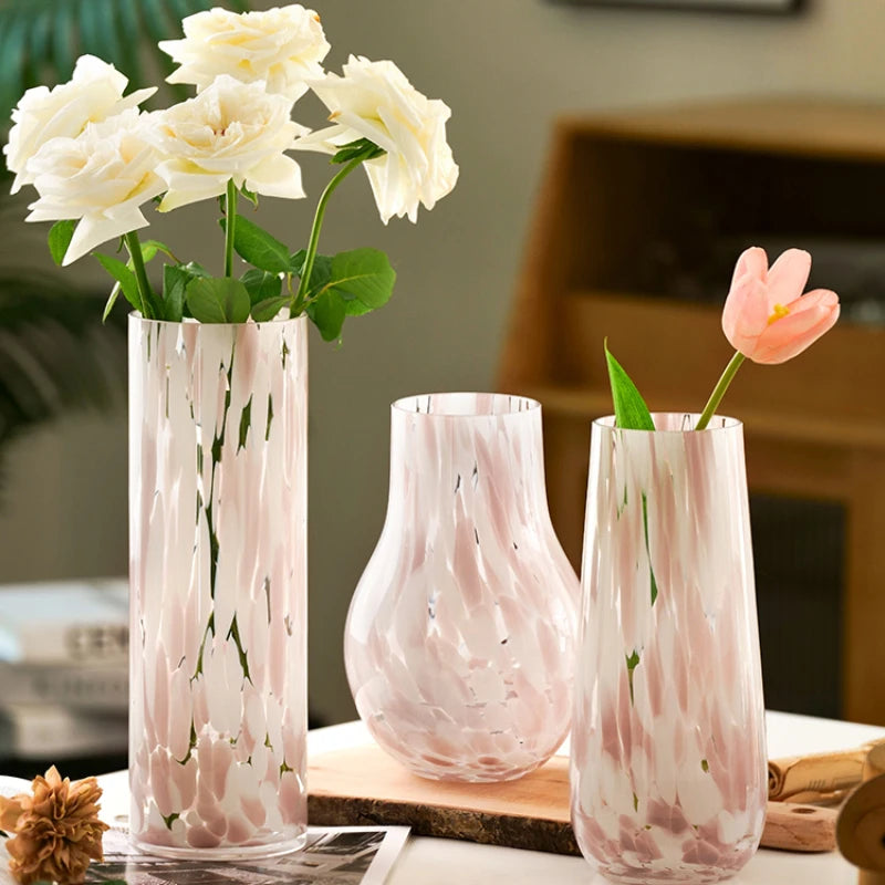 Blake Vase – glass vase with a pink leopard pattern in soft blush tones, available in small, medium, and large sizes, perfect for displaying flowers or greenery.