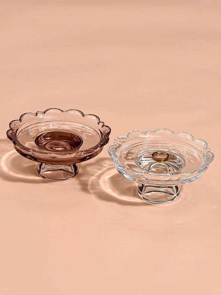 Tulah Mini Pedestal Dish – vintage-inspired glass dish in pink or clear, perfect for showcasing mini desserts, candies, or small items with timeless charm.