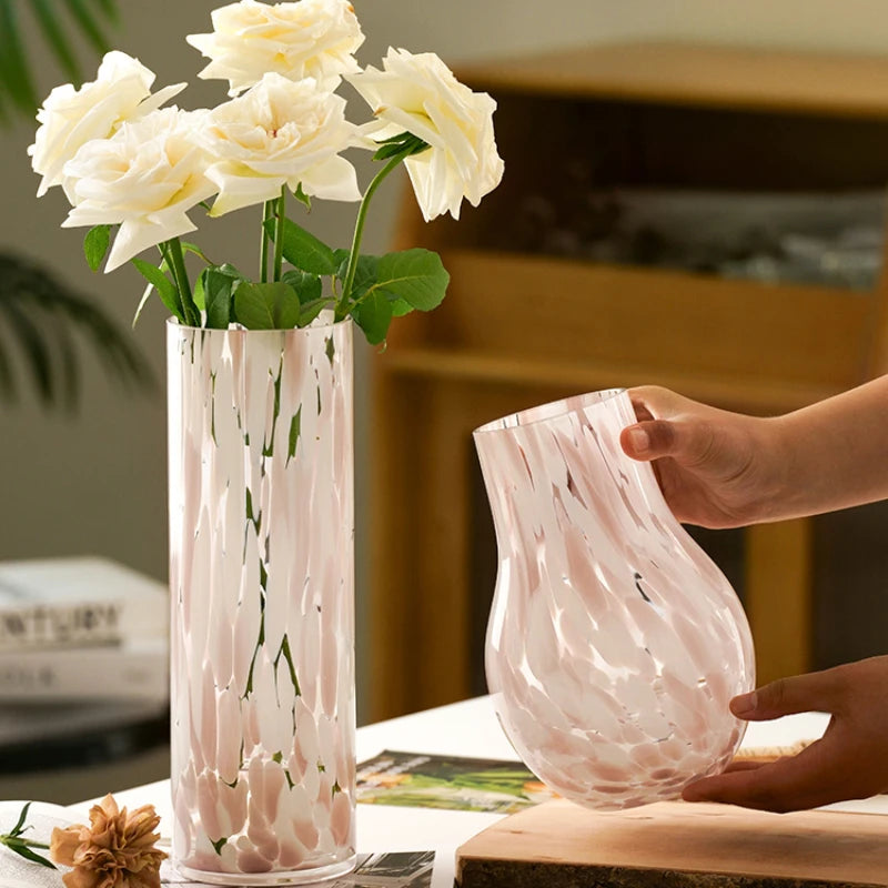 Blake Vase – glass vase with a pink leopard pattern in soft blush tones, available in small, medium, and large sizes, perfect for displaying flowers or greenery.