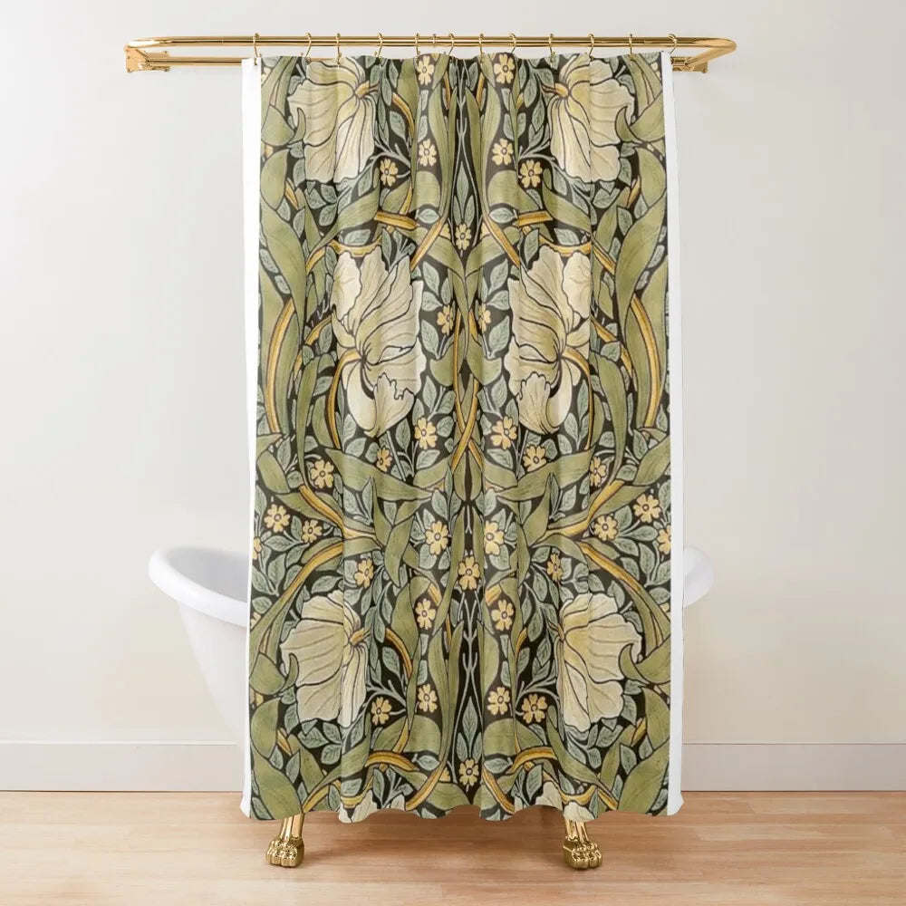 Printed polyester shower curtain in olive green with cream flowers, quick dry, waterproof. Includes 12 shower hooks - Domus Forge.