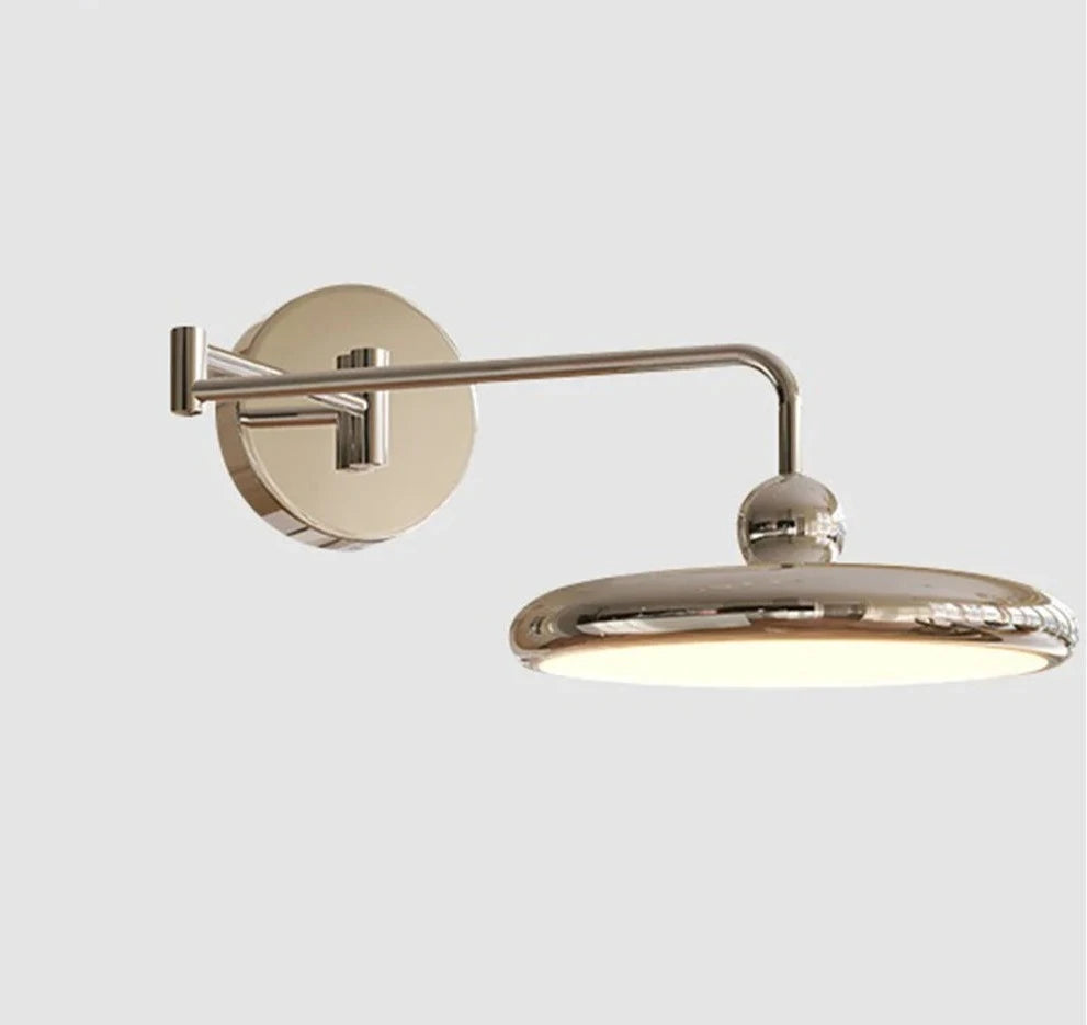 Modern Gogo Wall Lamp with silver and cream finish, ball detail, chrome accents, and swinging arm with knob switch. Ideal for cool homeowners, perfect for accent lighting in bedrooms, living rooms, or offices.