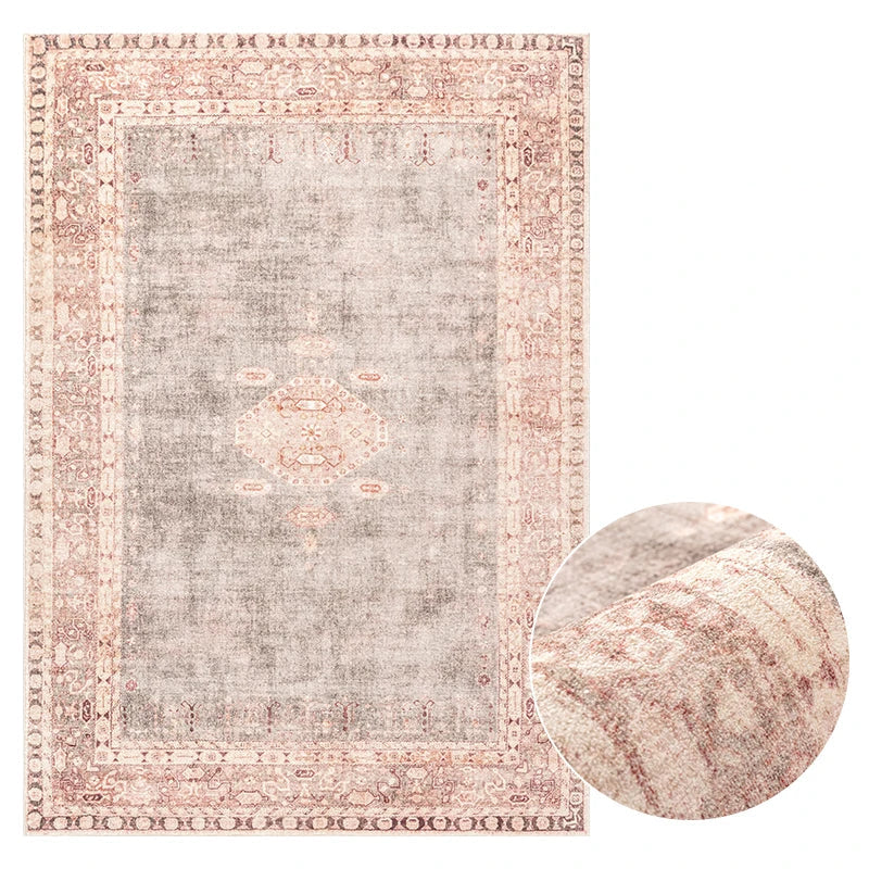 Zahava Rug – rectangular Persian-inspired rug with muted reds, grays, and multicolor accents, soft polyester material, and non-slip backing, available in various sizes.